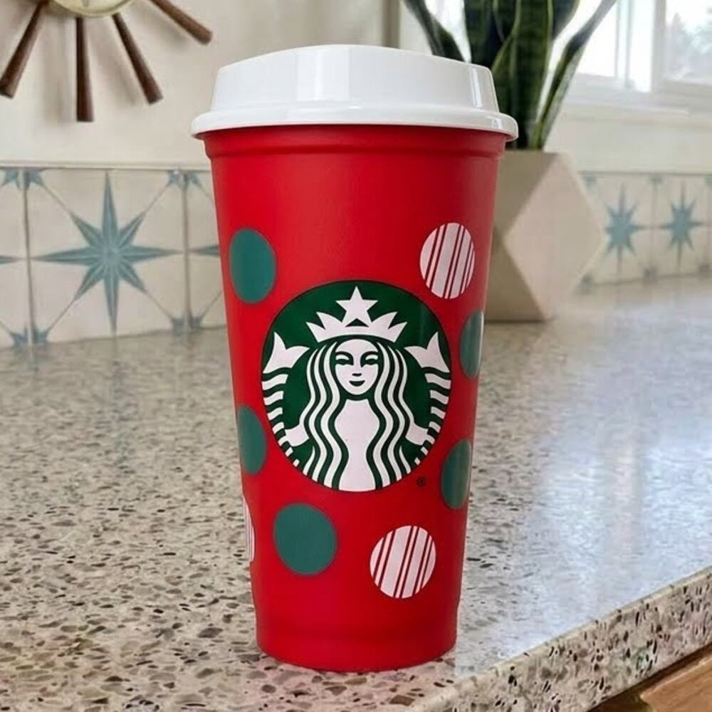 Starbucks 2013 Holiday Red Polka Dots Reusable Coffee Tumbler Cup 16 oz